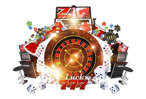Diverse game category display including football, casino tables, and slot reels